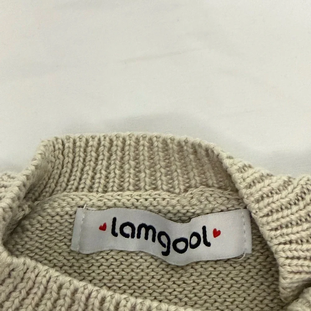 Lamgool Kids Beige Knit Floral‎ Embroidered Sweater Shoulder Buttons Long Sleeve